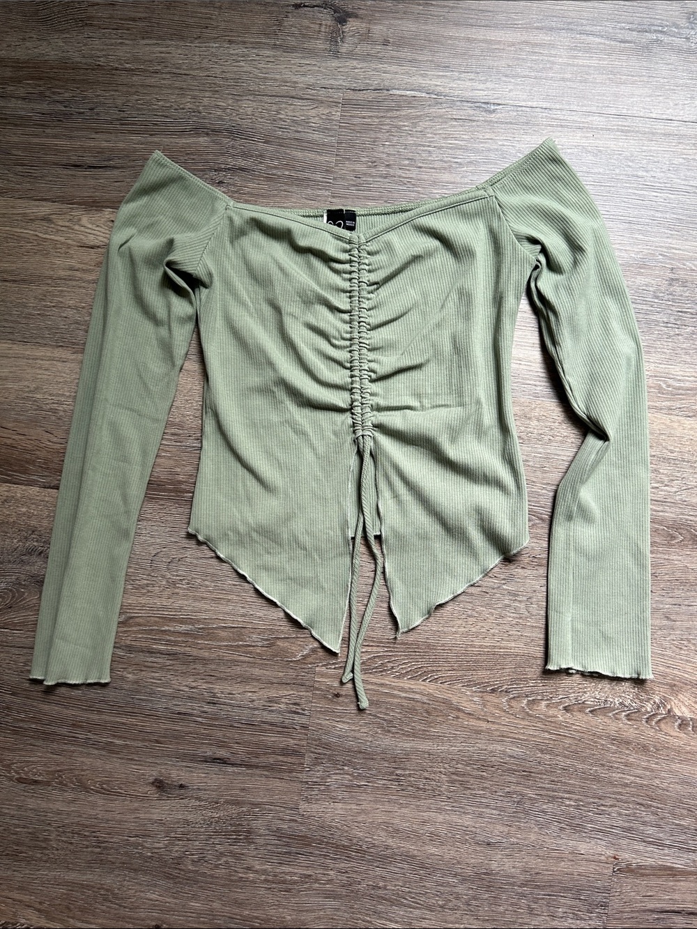 Ribbed Drawstring Long-Sleeve Top - Sage Green